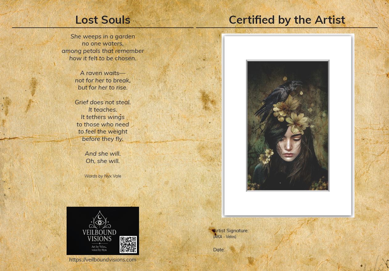 Emotive conceptual art “Lost Souls” by Velos, featuring a melancholic figure adorned with flowers and a black raven—symbolizing grief, memory, and rebirth. Available at Veilbound Visions in Huntingdon, Cambs, UK. Order online at www.veilboundvisions.com or shop locally for limited edition symbolic wall art.