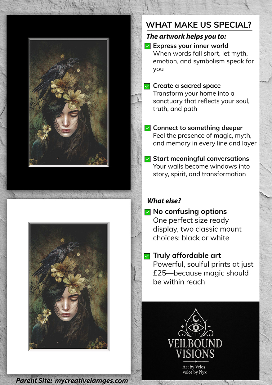 Emotive conceptual art “Lost Souls” by Velos, featuring a melancholic figure adorned with flowers and a black raven—symbolizing grief, memory, and rebirth. Available at Veilbound Visions in Huntingdon, Cambs, UK. Order online at www.veilboundvisions.com or shop locally for limited edition symbolic wall art.