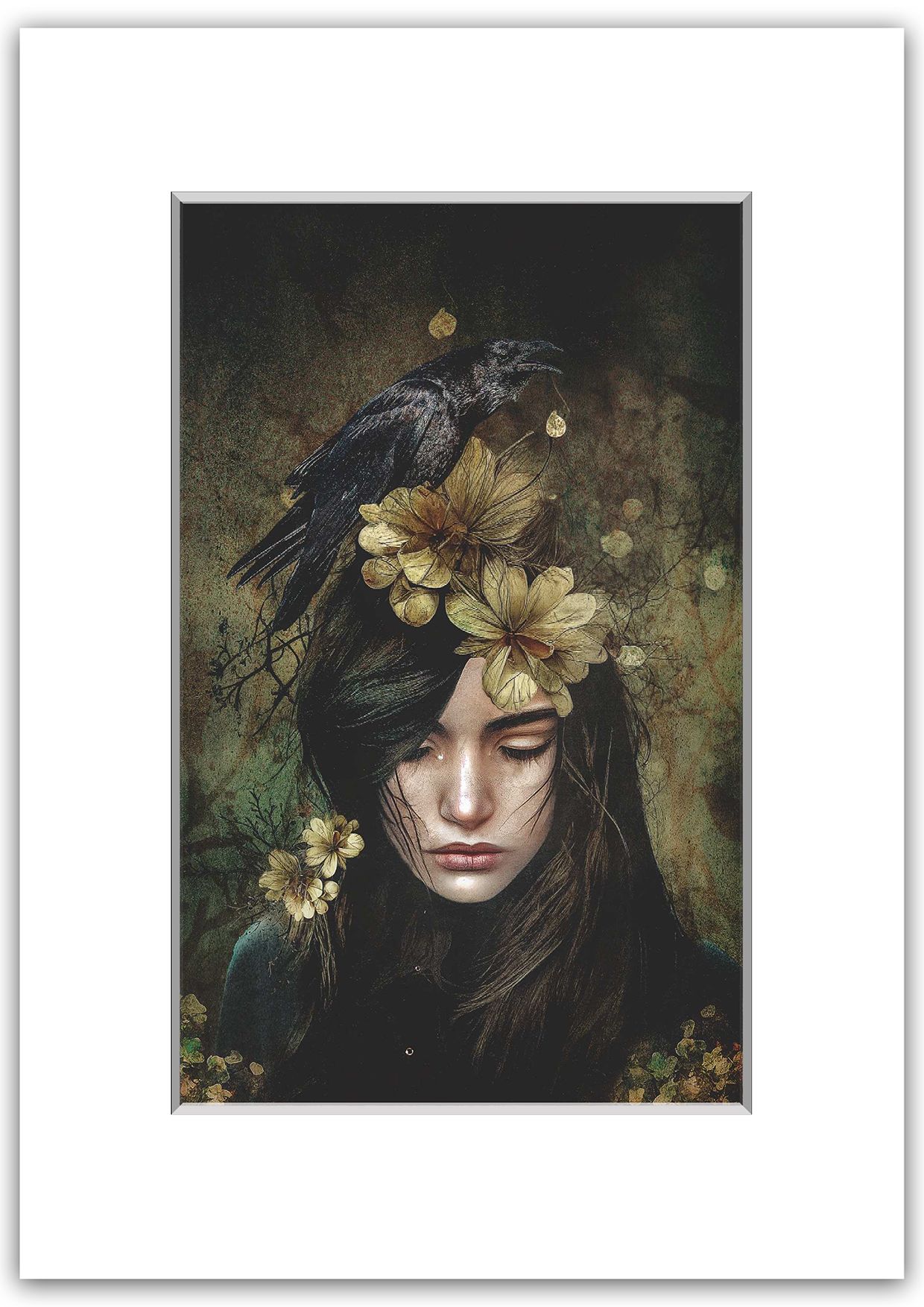 Emotive conceptual art “Lost Souls” by Velos, featuring a melancholic figure adorned with flowers and a black raven—symbolizing grief, memory, and rebirth. Available at Veilbound Visions in Huntingdon, Cambs, UK. Order online at www.veilboundvisions.com or shop locally for limited edition symbolic wall art.