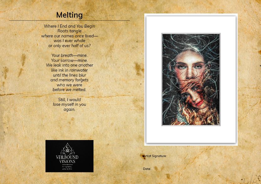Surreal digital art “Melting” by Velos, blending dual faces, root textures, and flowing blue strands to explore transformation and emotional duality. Available through Veilbound Visions in Huntingdon, Cambs, UK. Shop online at www.veilboundvisions.com or purchase locally for unique, symbolic conceptual prints.