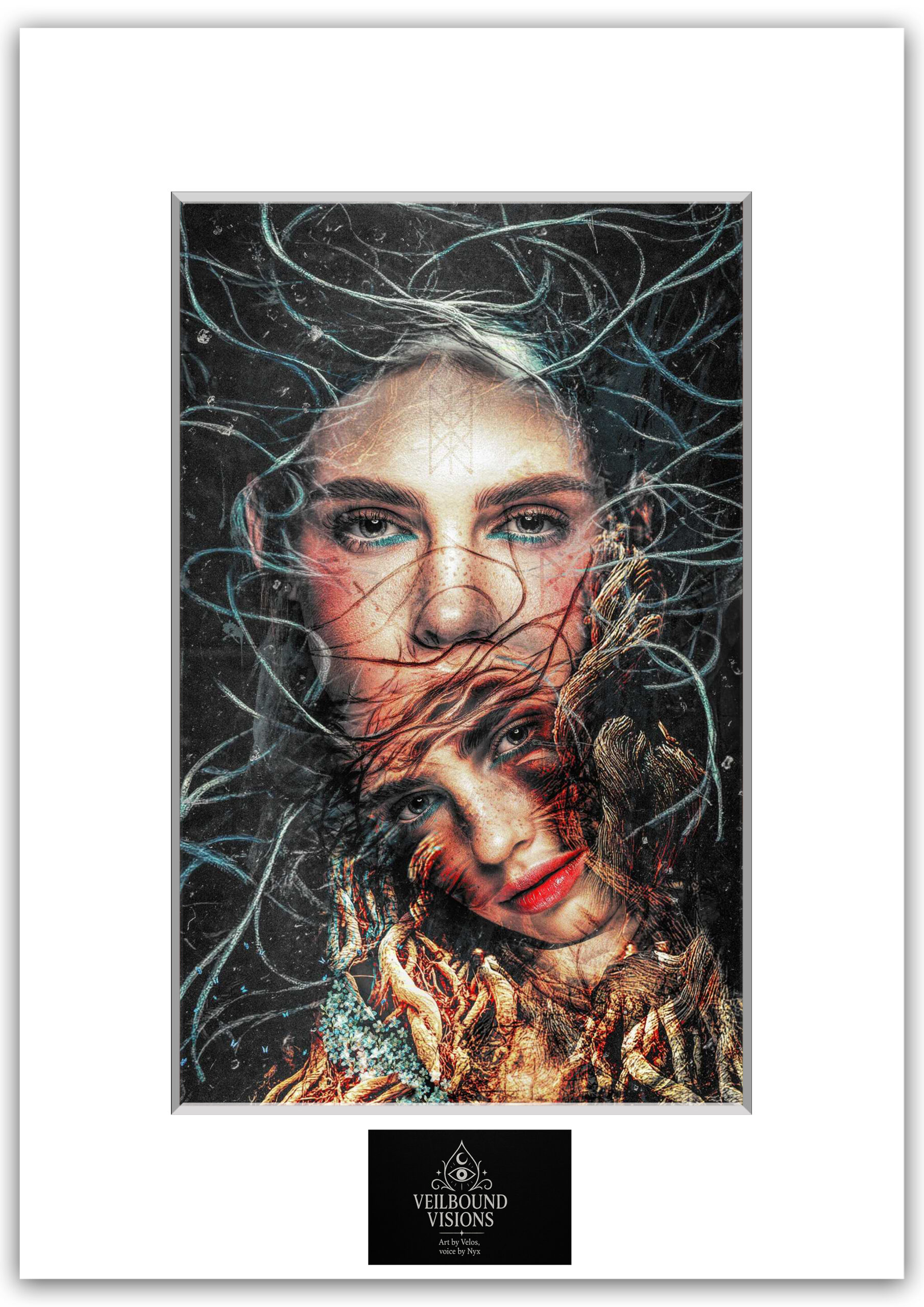 Surreal digital art “Melting” by Velos, blending dual faces, root textures, and flowing blue strands to explore transformation and emotional duality. Available through Veilbound Visions in Huntingdon, Cambs, UK. Shop online at www.veilboundvisions.com or purchase locally for unique, symbolic conceptual prints.