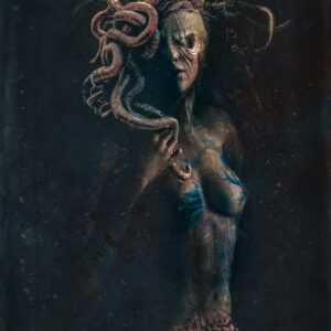Dark fantasy portrait “Am I Pretty?” by Velos – featuring a surreal feminine figure with serpentine features and mythic energy. A bold conceptual art print exploring identity, transformation, and the monstrous feminine. Available via Veilbound Visions in Huntingdon, Cambs, UK. Shop online at www.veilboundvisions.com or buy locally.