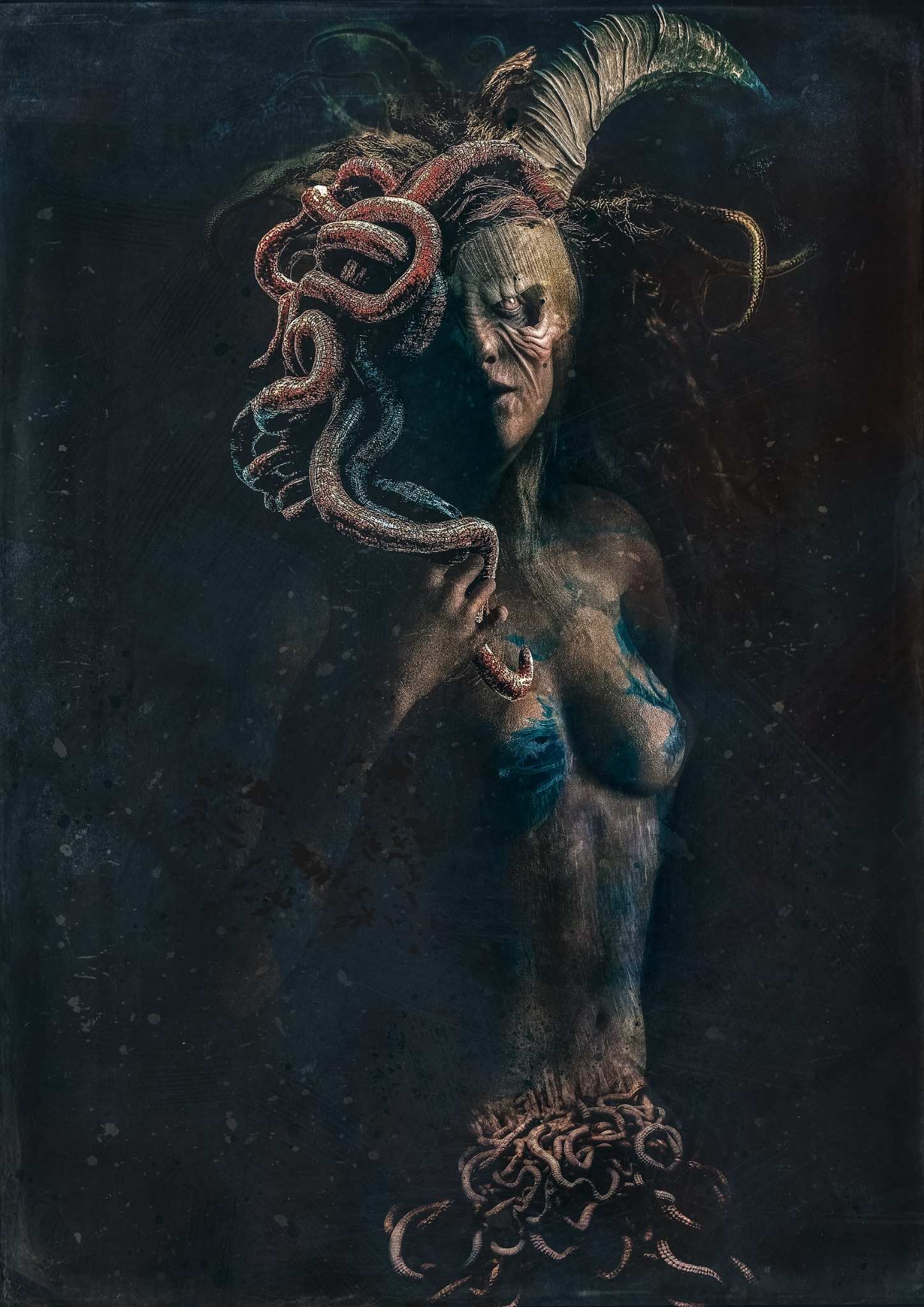 Dark fantasy portrait “Am I Pretty?” by Velos – featuring a surreal feminine figure with serpentine features and mythic energy. A bold conceptual art print exploring identity, transformation, and the monstrous feminine. Available via Veilbound Visions in Huntingdon, Cambs, UK. Shop online at www.veilboundvisions.com or buy locally.