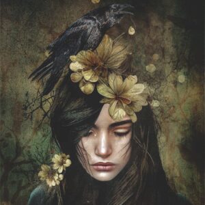 Emotive conceptual art “Lost Souls” by Velos, featuring a melancholic figure adorned with flowers and a black raven—symbolizing grief, memory, and rebirth. Available at Veilbound Visions in Huntingdon, Cambs, UK. Order online at www.veilboundvisions.com or shop locally for limited edition symbolic wall art.