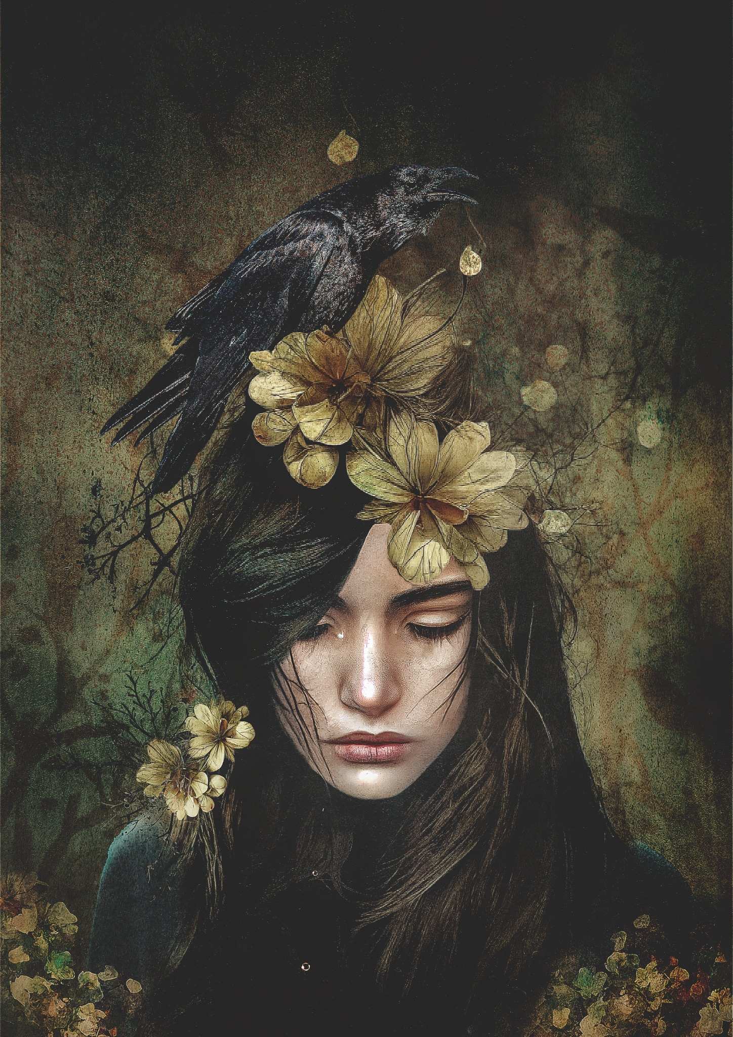 Emotive conceptual art “Lost Souls” by Velos, featuring a melancholic figure adorned with flowers and a black raven—symbolizing grief, memory, and rebirth. Available at Veilbound Visions in Huntingdon, Cambs, UK. Order online at www.veilboundvisions.com or shop locally for limited edition symbolic wall art.