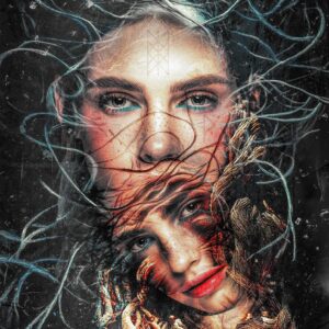 Surreal digital art “Melting” by Velos, blending dual faces, root textures, and flowing blue strands to explore transformation and emotional duality. Available through Veilbound Visions in Huntingdon, Cambs, UK. Shop online at www.veilboundvisions.com or purchase locally for unique, symbolic conceptual prints.