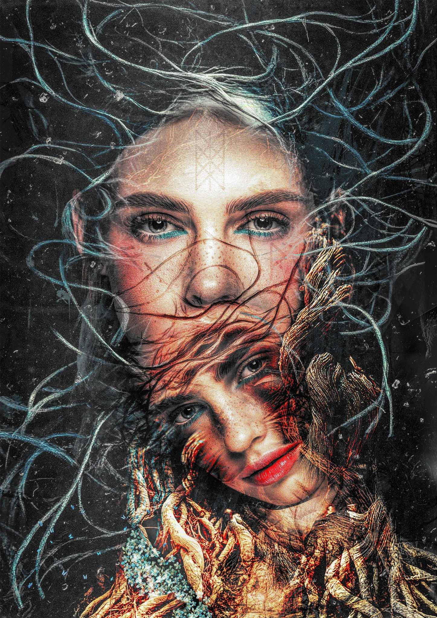 Surreal digital art “Melting” by Velos, blending dual faces, root textures, and flowing blue strands to explore transformation and emotional duality. Available through Veilbound Visions in Huntingdon, Cambs, UK. Shop online at www.veilboundvisions.com or purchase locally for unique, symbolic conceptual prints.