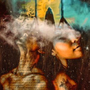 Conceptual digital artwork “Misunderstood” by Velos, featuring layered textures, smoky overlays, and symbolic figures representing inner struggle and historical persecution. Available as a limited edition print through Veilbound Visions, based in Huntingdon, Cambs, UK. Shop online at www.veilboundvisions.com or buy locally for mystical, emotional wall art.