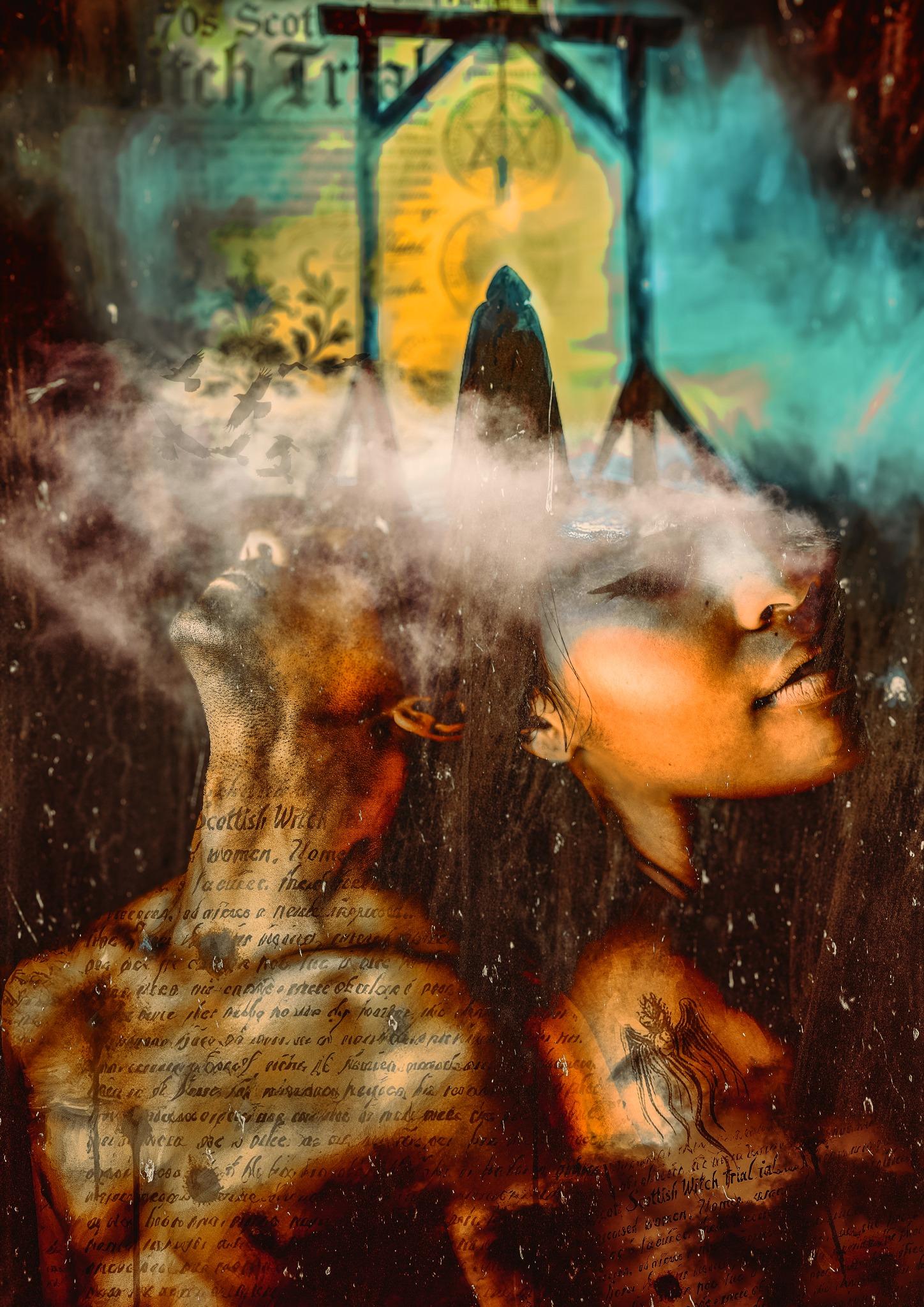 Conceptual digital artwork “Misunderstood” by Velos, featuring layered textures, smoky overlays, and symbolic figures representing inner struggle and historical persecution. Available as a limited edition print through Veilbound Visions, based in Huntingdon, Cambs, UK. Shop online at www.veilboundvisions.com or buy locally for mystical, emotional wall art.